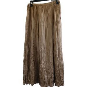 Chicos Size 0 Tan 100% Silk Beaded Embroidered Maxi Skirt Crinkle Effect